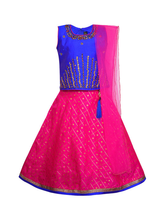 Girls Blue & Pink Embellished Ready to Wear Pattu Pavadai with Dupatta