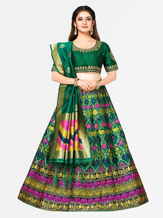 Green & Yellow Woven Design Semi-Stitched Bridal Lehenga & Blouse with Dupatta