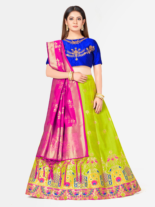 Blue & Green Woven Design Semi-Stitched Bridal Lehenga & Blouse with Dupatta