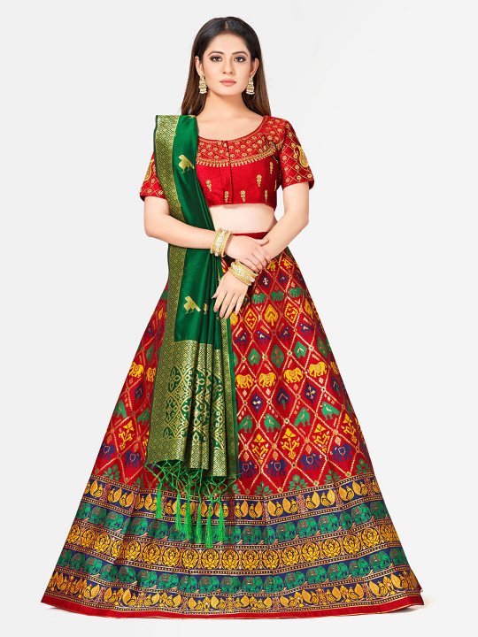 Red & Green Woven Design Semi-Stitched Bridal Lehenga & Blouse with Dupatta