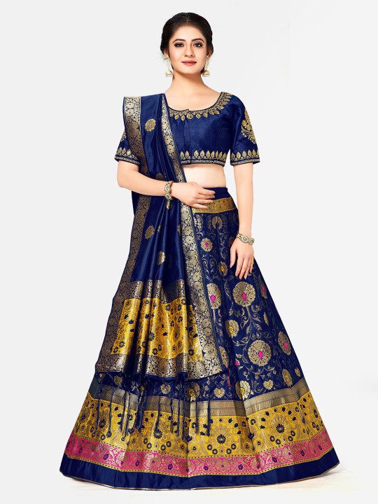 Navy Blue & Gold-Toned Embroidered Semi-Stitched Lehenga & Blouse with Dupatta