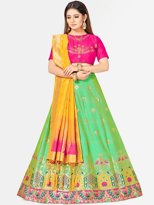 Pink & Green Woven Design Semi-Stitched Bridal Lehenga & Blouse with Dupatta