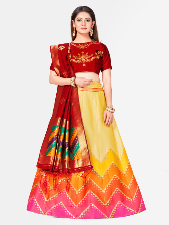Red & Yellow Woven Design Semi-Stitched Bridal Lehenga & Blouse with Dupatta