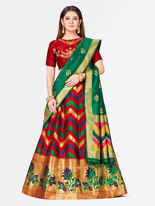Red & Green Woven Design Semi-Stitched Bridal Lehenga & Blouse with Dupatta