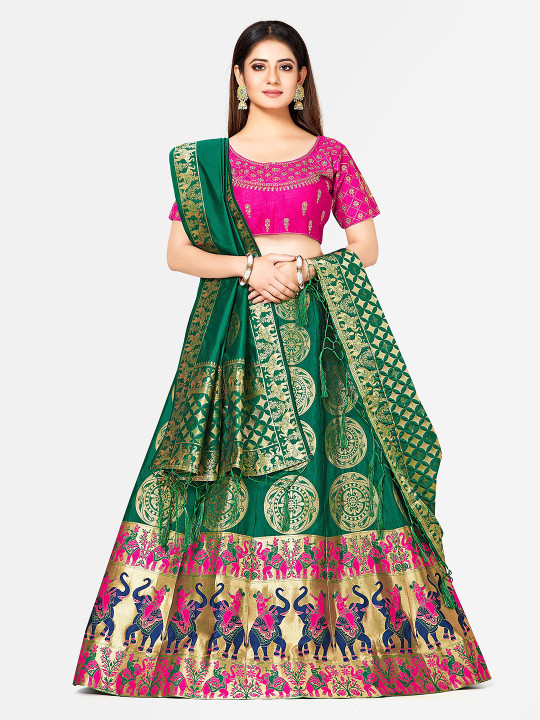 Green & Pink Woven Design Semi-Stitched Bridal Lehenga & Blouse with Dupatta