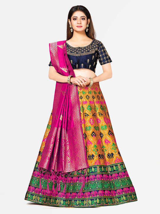 Blue & Orange Woven Design Semi-Stitched Bridal Lehenga & Blouse with Dupatta