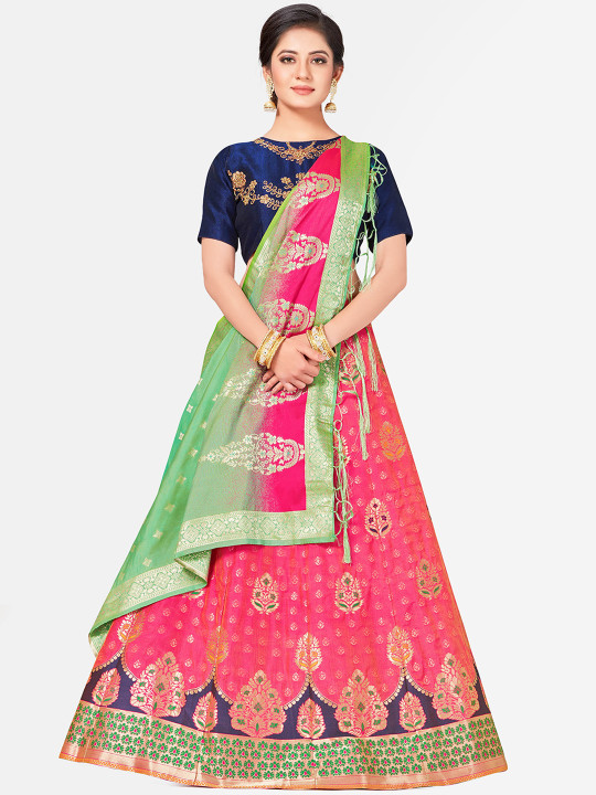 Pink & Blue Woven Design Semi-Stitched Bridal Lehenga & Blouse with Dupatta