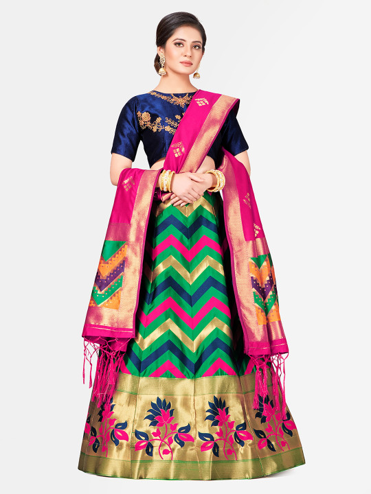 Pink & Blue Embroidered Semi-Stitched Lehenga & Blouse with Dupatta
