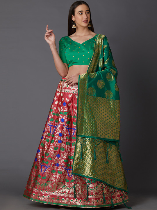 Green & Red Embroidered Semi-Stitched Lehenga & Blouse with Dupatta