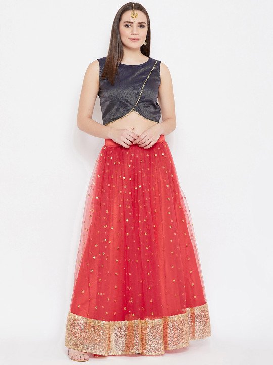 Women Red 7 Navy Blue Solid Ready to Wear Lehenga with Blouse