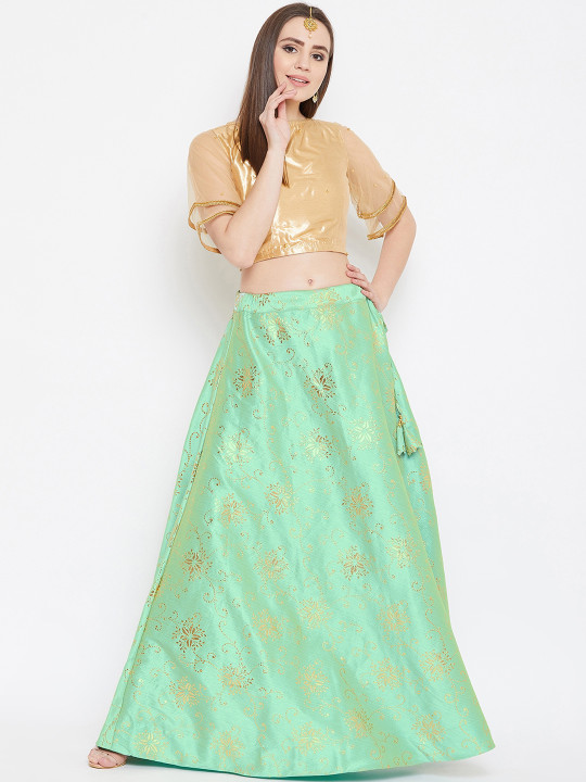 Women Green & Gold-Coloured Ready to Wear Lehenga with Blouse