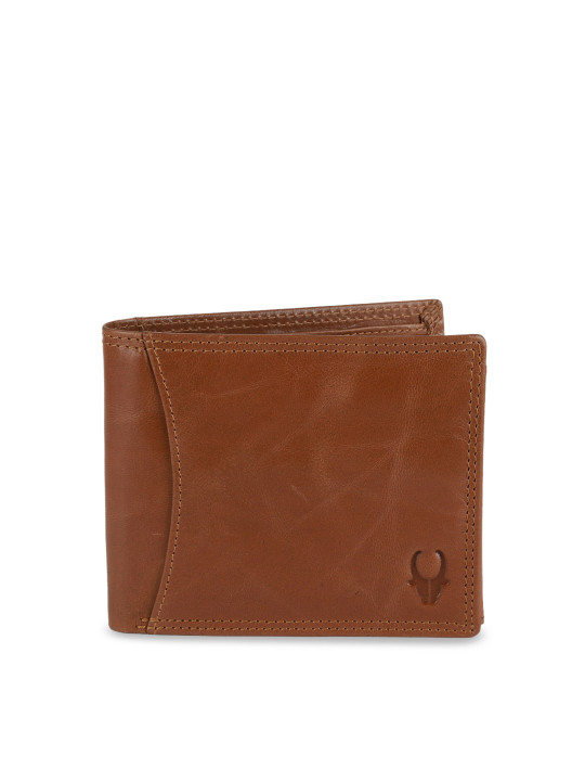 WildHorn Men Tan Brown RFID Protected Genuine Leather Hand-Stitched Solid Two Fold Wallet