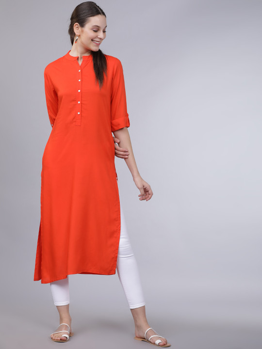 Vishudh Women Orange Solid Straight Kurta