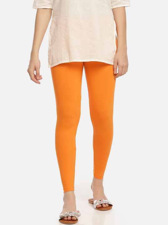 Women Orange Solid Ankle-Length Leggings