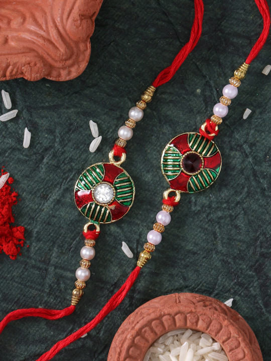 LIVE EVIL Men Pack Of 2 Gold-Toned & Red Alloy Gold-Plated Handcrafted Wraparound Rakhi