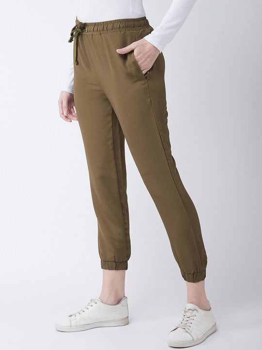 Miss Chase Women Olive Green Solid Woven Joggers