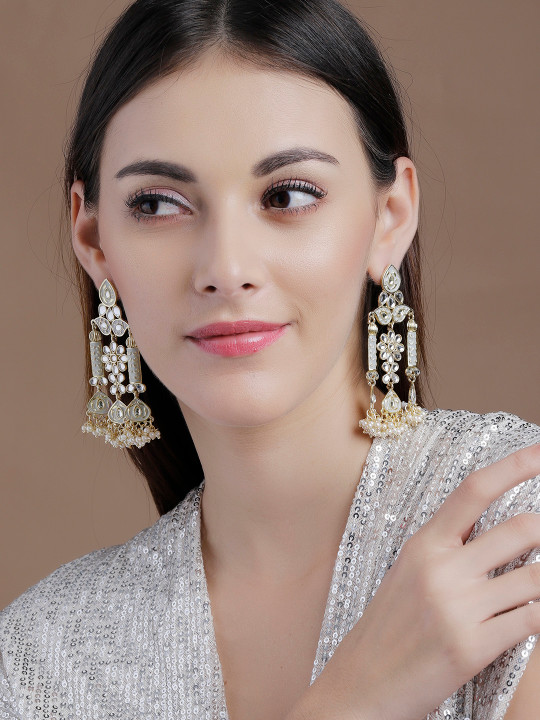 Rubans 22K Gold Plated Kundan Studded Pearl Beaded White Enamel Floral Chandelier Earrings