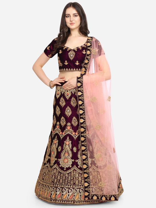 Purple & Pink Semi-Stitched Lehenga & Blouse with Dupatta
