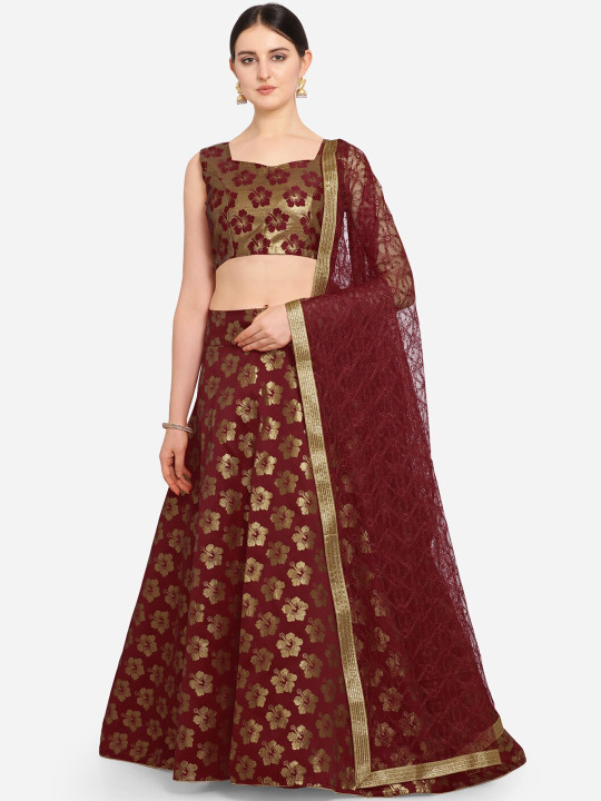 Maroon & Gold-Toned Woven Design Semi-Stitched Lehenga & Blouse with Dupatta