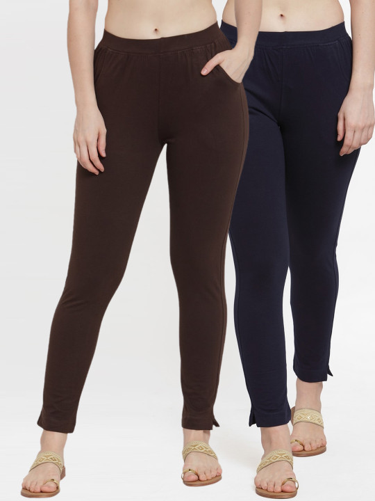 Women Pack Of 2 Navy Blue &amp; Brown Solid Ankle-Length Leggings