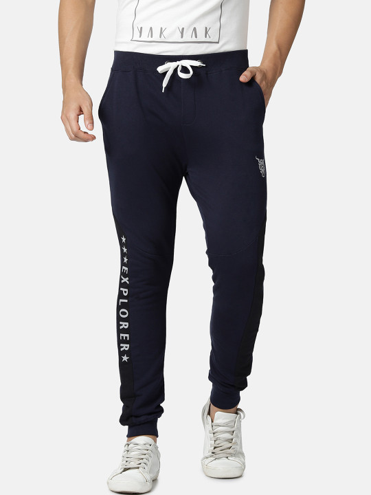 YAK YAK Men Navy Blue Printed Slim Fit Cotton Joggers