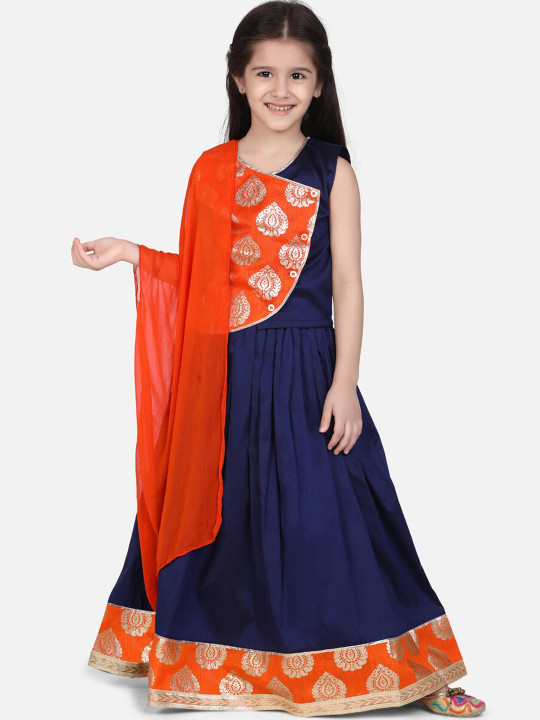 Girls Navy Blue & Orange Embroidered Ready to Wear Lehenga & Blouse with Dupatta
