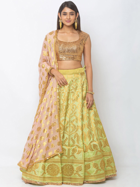 Green & Pink Embroidered Ready to Wear Lehenga & Unstitched Blouse with Dupatta