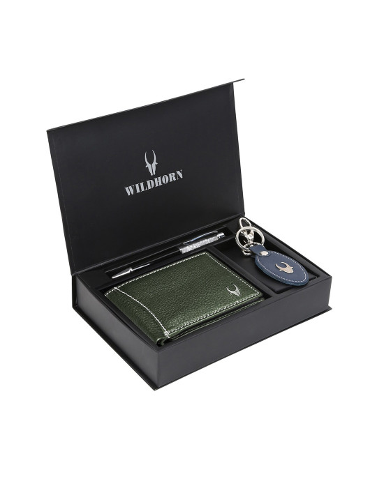 WildHorn Men Green & Blue RFID Protected Genuine Leather Accessory Gift Set