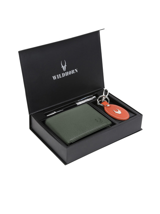 WildHorn Men Green & Orange RFID Protected Genuine Leather Accessory Gift Set