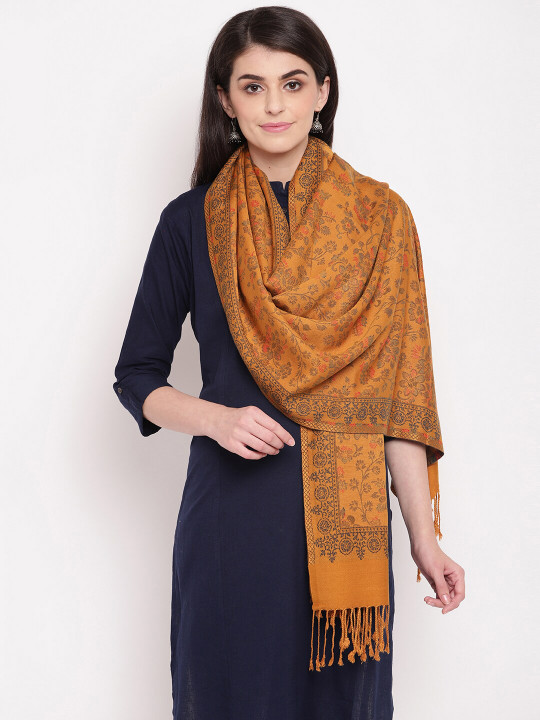 HK colours of fashion Women Mustard Yellow & Black Woven Design Acrylic Stole