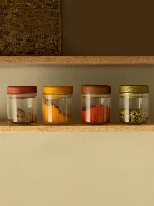 ellementry Set Of 4 Transparent Solid Glass Jars With Wooden Lid