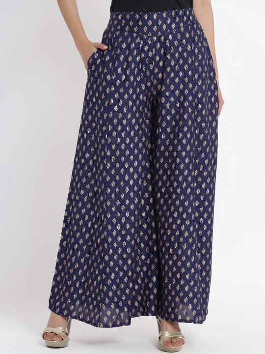 Juniper Women Navy Blue & Gold-Coloured Printed Flared Palazzo