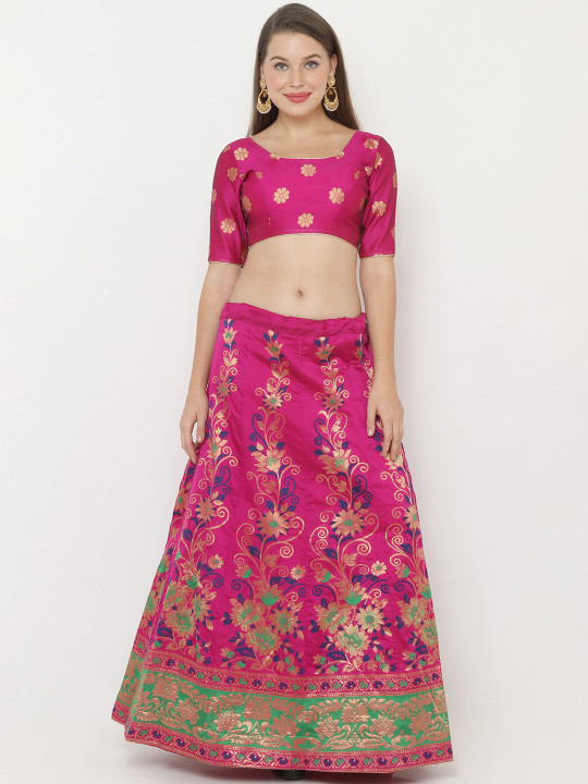 Women Pink & gold-Colour Woven-Design Semi-Stitched Lehenga Choli