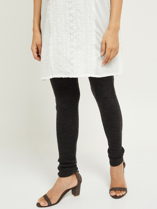 Women Charcoal Grey Solid Churidar-Length Leggings