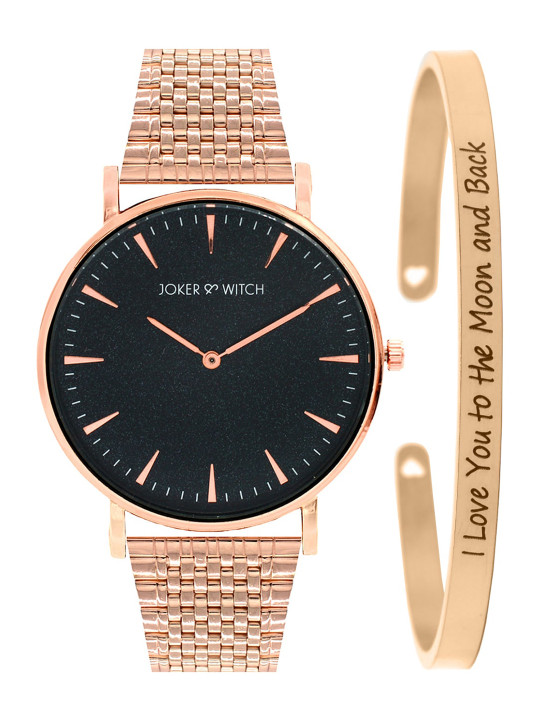 JOKER & WITCH Women Black & Rose Gold-Toned Sydney Watch Bracelet Stack