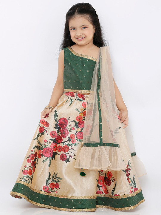 Girls Off White & Green Ready to Wear Lehenga & Blouse with Dupatta