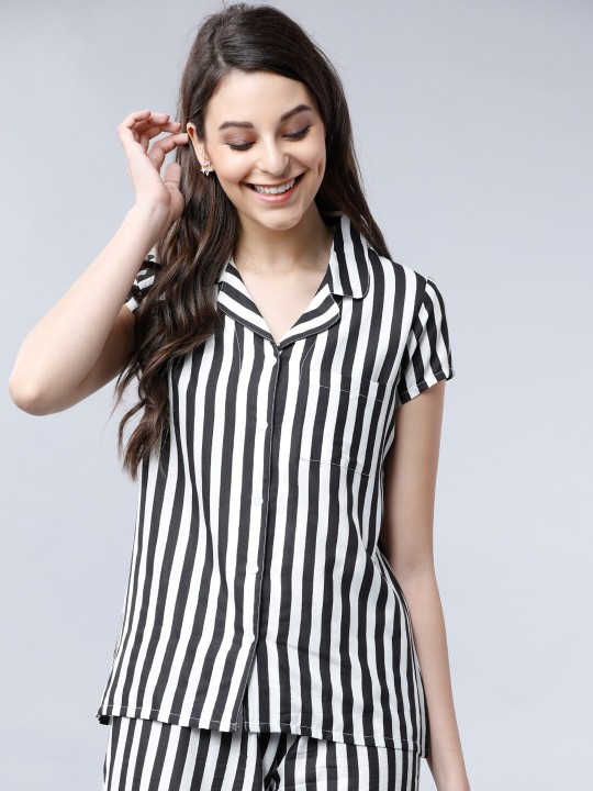 Women Black & White Regular Fit Striped Sleep Shirt