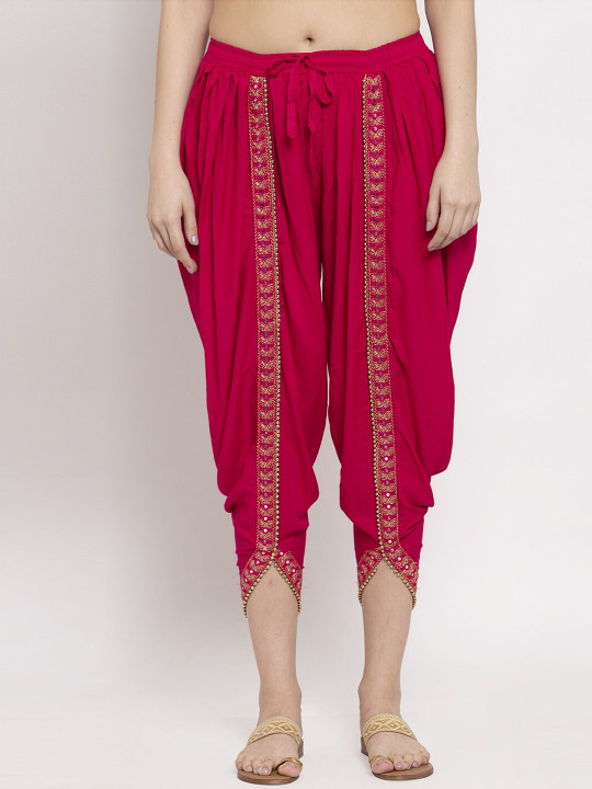 Women Pink Embellished Border Dhoti Pants