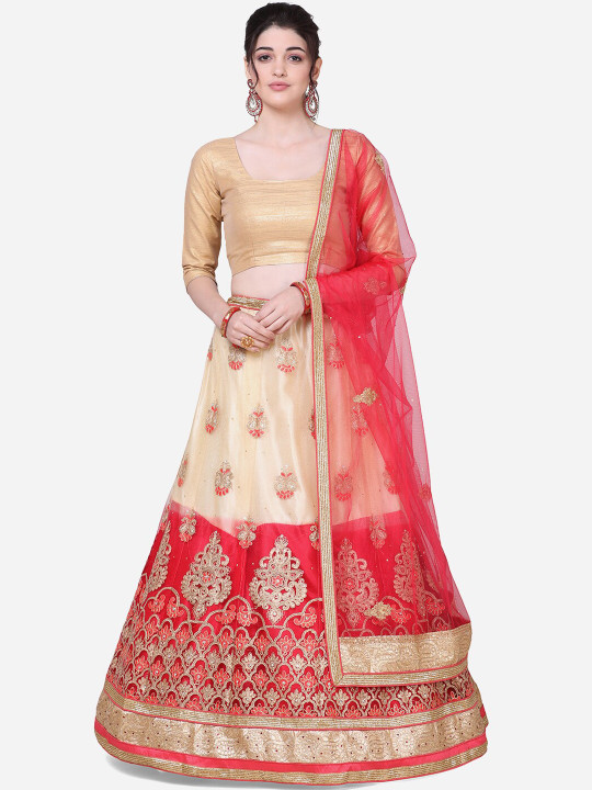 Women Red & Cream-Coloured Embroidered Semi-Stitched Lehenga & Unstitched Blouse with Dupatta
