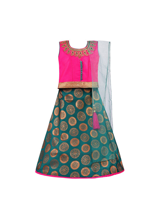 Girls Pink & Green Embroidered Ready to Wear Lehenga & Blouse with Dupatta