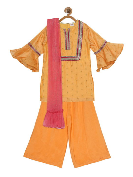 Rianna Girls Peach-Coloured & Yellow Embroidered Kurta with Sharara & Dupatta