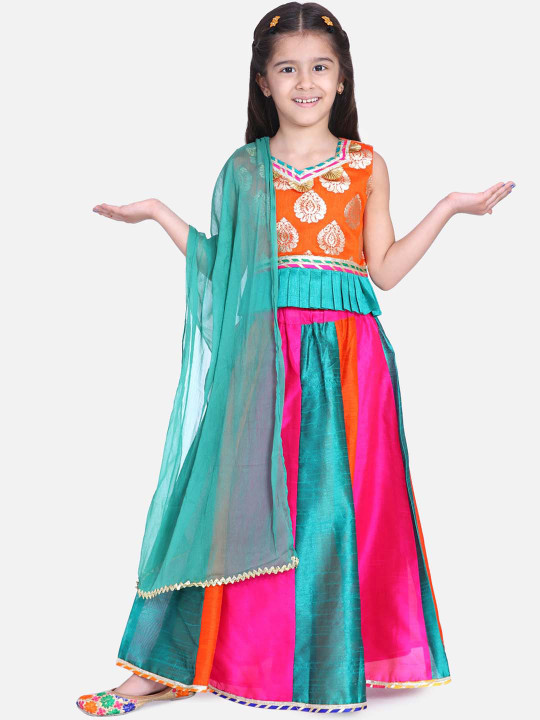Girls Orange & Blue Woven Design Ready to Wear Lehenga & Blouse with Dupatta