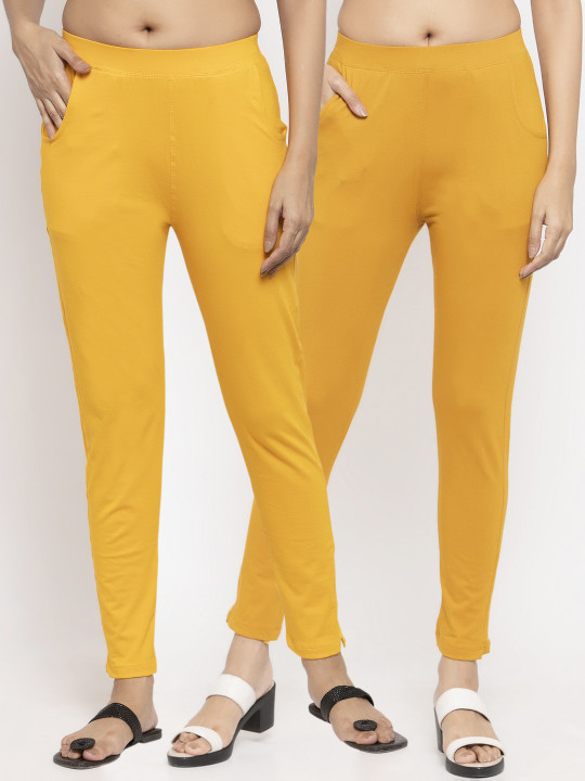Women Pack Of 2 Mustard Yellow &amp; Yellow Solid Ankle Length Leggings