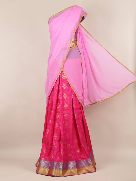 Pink Woven Design Poly Chiffon Half Saree