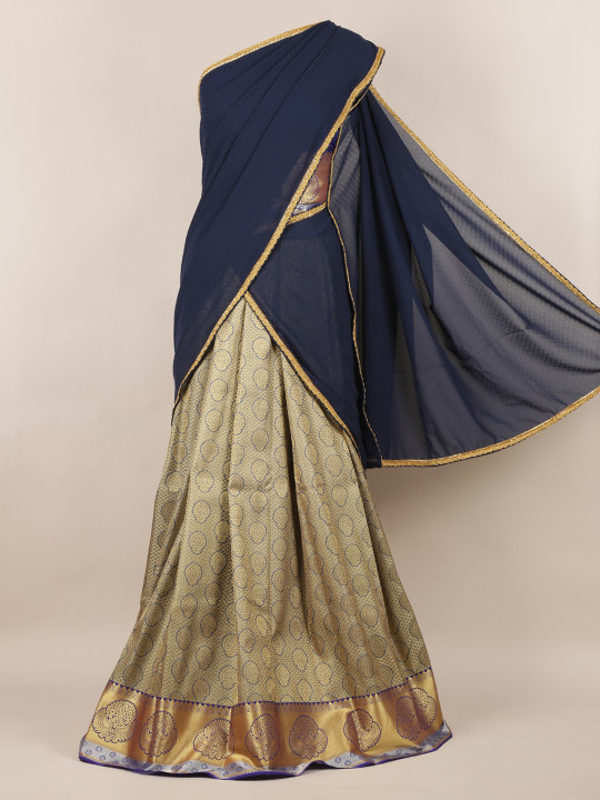 Navy Blue & Gold-Toned Poly Chiffon Woven Design Half Saree