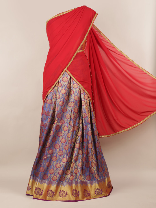 Red & Purple Poly Chiffon Woven Design Half Saree