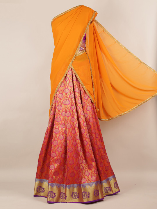 Orange Solid Poly Chiffon Lehenga Half Saree