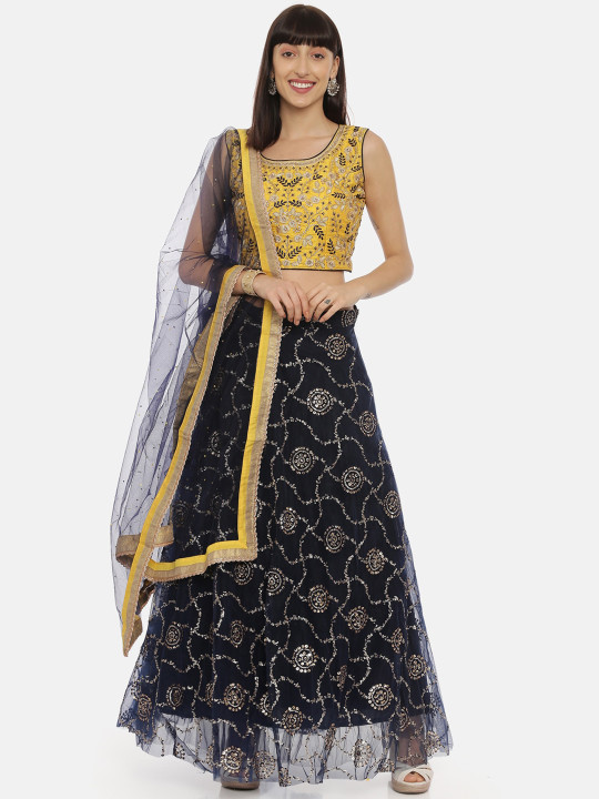Yellow & Navy Blue Embellished Ready to Wear Lehenga & Blouse with Dupatta
