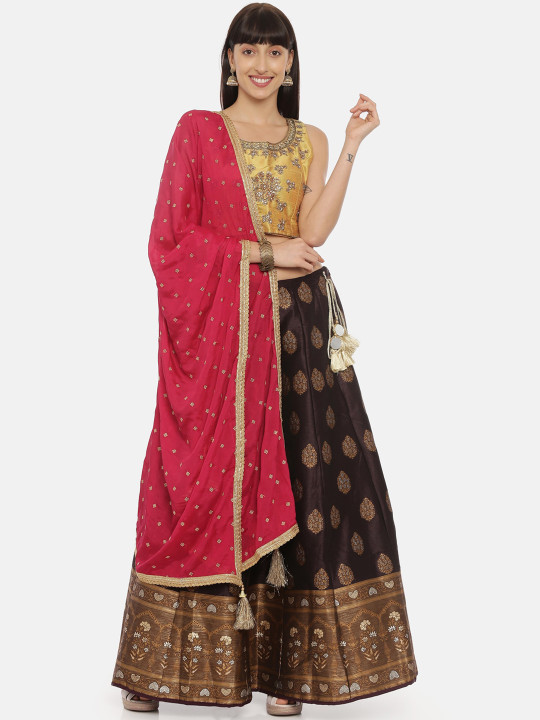 Mustard & Pink Embellished Semi-Stitched Lehenga & Ready to Wear Blouse with Dupatta