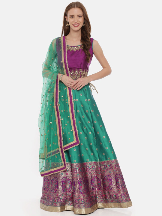 Purple & Green Embellished Ready to Wear Lehenga & Blouse with Dupatta